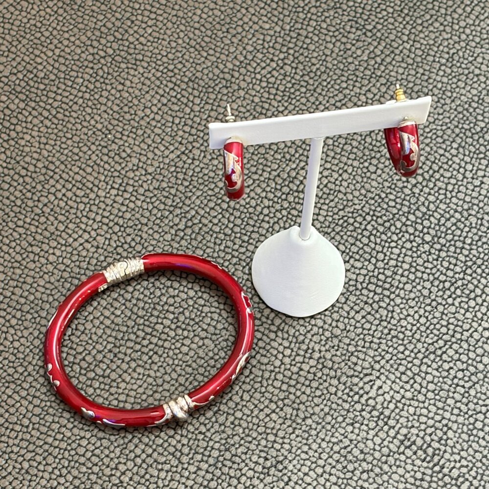 Milor Italy 925 Red Enamel bracelet and hoop earrings set